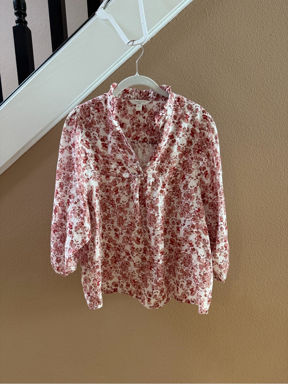 Garnet Hill Red Floral Linen Split-Neck Blouse